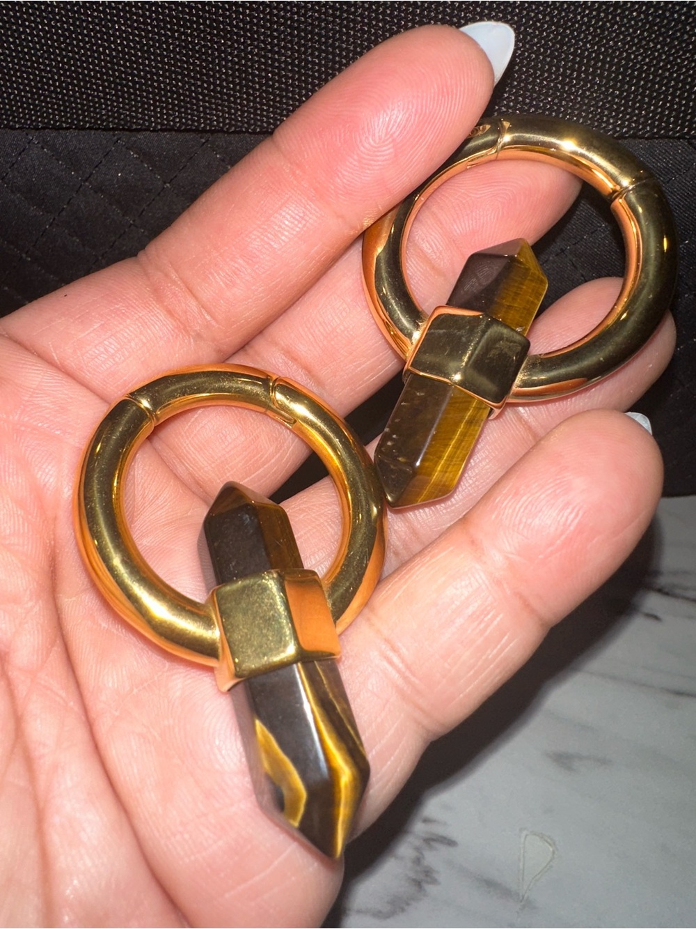 Gold Hoop Hnagers with Tiger Eye Point Pendant